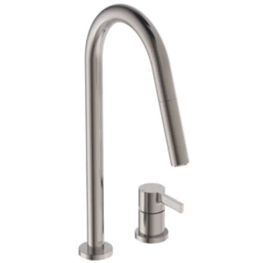 Ideal Standard Küchenarmatur aus Edelstahl mit einem hohen, geschwungenen Auslauf und einer separaten Bedienungseinheit, geeignet für den modernen Küchenbereich.